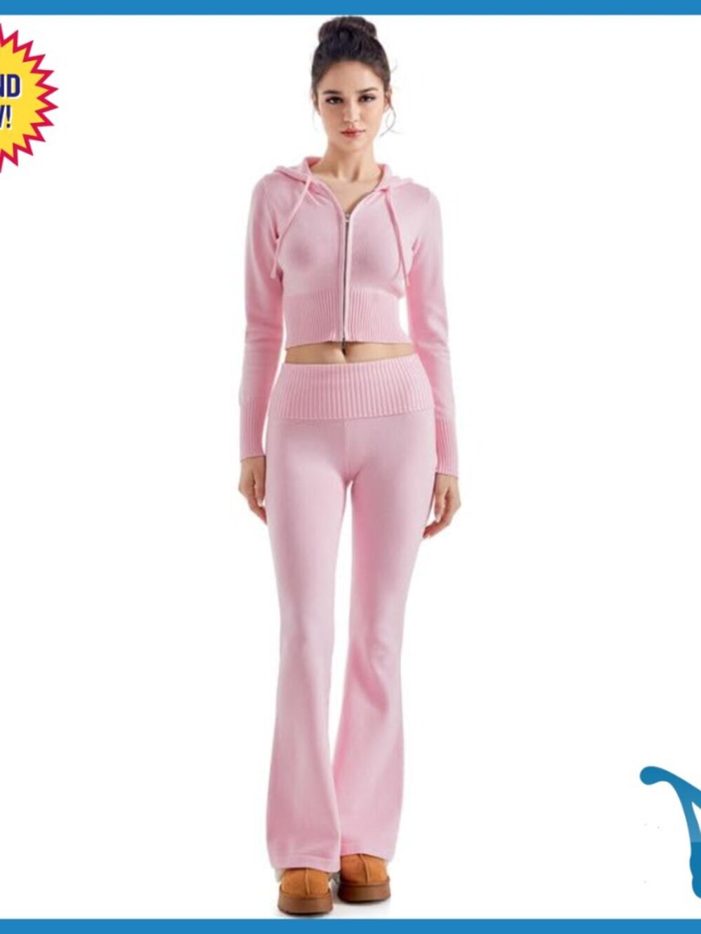 Cropped Zip Hoodie & Flare Pants Set, Knit Activewear, Slim Fit - Picture 2 of 7